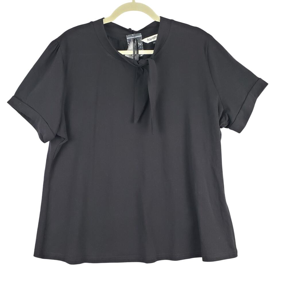 Royal Monk Size 3XL‎ Tie Neck Blouse Solid Black Parisian Elevated Basic Cotton